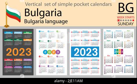 Bulgarischer vertikaler Taschenkalender für 2023 (zweitausend dreiundzwanzig). Die Woche beginnt am Sonntag. Neues Jahr. Farbe einfaches Design. Vektor Stock Vektor