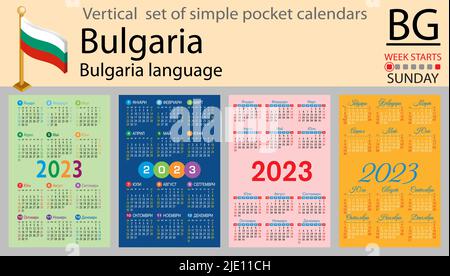 Bulgarischer vertikaler Taschenkalender für 2023 (zweitausend dreiundzwanzig). Die Woche beginnt am Sonntag. Neues Jahr. Farbe einfaches Design. Vektor Stock Vektor