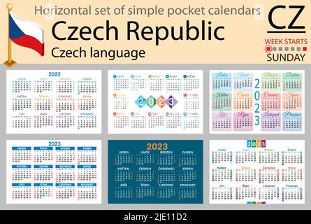 Horizontaler tschechischer Taschenkalender für 2023 (zweitausend dreiundzwanzig). Die Woche beginnt am Sonntag. Neues Jahr. Farbe einfaches Design. Vektor Stock Vektor