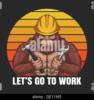 Bigfoot trägt einen Helm Arbeiter Retro-Vektor-Illustration Stock Vektor