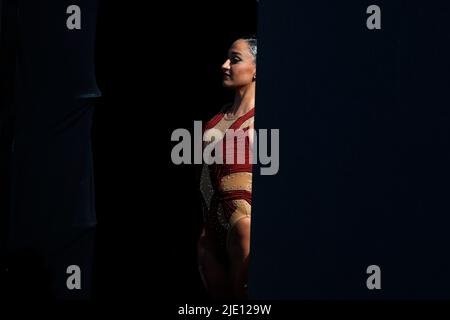 Budapest, Ungarn, 22.. Juni 2022. Anita Alvarez aus den USA tritt am sechsten Tag der Budapester FINA-Weltmeisterschaft 2022 im Alfred Hajos National Aquatics Complex in Budapest, Ungarn, beim Frauen-Solo-Freifinale an. 22. Juni 2022. Kredit: Nikola Krstic/Alamy Stockfoto