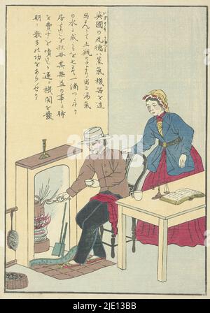 James Watt, Erfinder der Dampfmaschine, Hält Ein Mann einen Löffel im Herd in der Nähe eines dampfenden Kessels. Hinter ihm sieht eine Frau zu. Der japanische Text erzählt, wie der schottische James Watt (1736-1819) die Dampfmaschine erfunden hat. (Yokohama-e)., Druckerei: Anonym, Japan, 1886 - 1912, Papier, Höhe 365 mm × Breite 254 mm Stockfoto