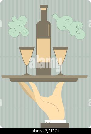 Hand des Kellners mit einem Tablett mit einer Flasche und zwei Weinläsern Stock Vektor