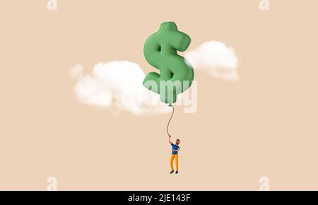 Geschäftsmann hält einen überhöhten Dollar-Ballon. Finanzkonzept. 3D Rendering Stockfoto