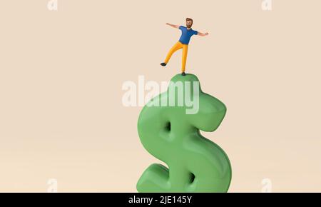 Person balanciert auf einem Dollar-Zeichen Ballon. Unsichere Wirtschaft. 3D Rendering. Stockfoto