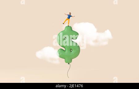 Person balanciert auf einem Dollar-Zeichen Ballon. Unsichere Wirtschaft. 3D Rendering. Stockfoto