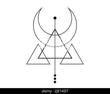 Magischer Halbmond. Symbol der Wikingergottheit, keltische Heilige Geometrie, schwarzes Logo-Tattoo, alchemistische esoterische Dreiecke. Spiritueller Okkultismus Objekt Stock Vektor