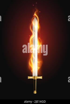 Legendäres Schwert glüht mit Flamme Feuer Atmung Waffe Mythologie übernatürliche Kraft vor dunklem Hintergrund realistische Vektor-Illustration Stock Vektor