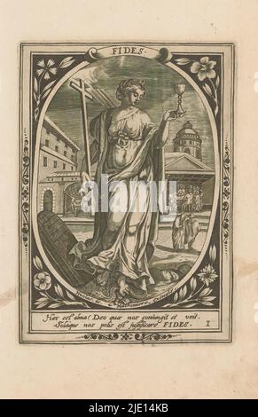 Faith, Fides (Titel über Objekt), Sieben theologische und kardinale Tugenden (Serientitel), VII Virtutum Theologicarum et Cardinalium (Serientitel über Objekt), The Faith (Fides). Nummeriert unten rechts: 1. Teil der Serie von sieben theologischen und kardinalen Tugenden. Teil eines Albums hauptsächlich christlicher Darstellungen., Druckerei: Isaac Briot, Verlag: Nicolas de Mathonière, (auf Objekt erwähnt), Verlag: Joan Campioen, Druckerei: Paris, Verlag: Paris, Verlag: Antwerpen, Verlag: Amsterdam, 1600 - 1670, Papier, Gravur, Höhe 184 mm × Breite 132 mm, Höhe 298 mm × Breite 182 mm Stockfoto