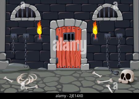 Cartoon Türen Komposition mit Blick auf beängstigende Kerker mit Fackeln menschlichen Knochen Schädel und Ketten Fesseln Vektor-Illustration Stock Vektor