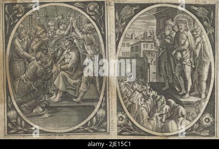 Christus, der dem Volk gezeigt wird, Passion of Christ (Serientitel), zeigt Pontius Pilatus den Christus, der nach seiner Auspeitschung mit den Händen an das jüdische Volk gefesselt war. Die Menschen rufen nach seiner Kreuzigung. Oval in einem rechteckigen Rahmen, eine Blume in jeder Ecke. Der Druck ist Teil eines Albums., Druckerei: Anonym, nach Druck von: Hieronymus Wierix, Verlag: N. de Macli, (möglicherweise), 1576 - 1650, Papier, Gravur, Höhe 86 mm × Breite 68 mm Stockfoto