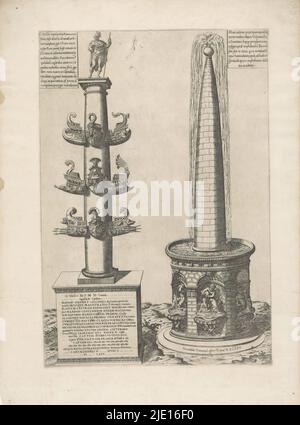 Columna rostrata und Meta sudans, Speculum Romanae Magnificentiae (Serientitel), links: Die Columna rostrata, eine Ehrensäule mit Verzierungen in Form von Prow besiegter karthagischer Schiffe, die zu Ehren von Gaius Duilius auf dem Forum Romanum errichtet wurde. Rechts: Die Meta Sudans, ein monumentaler Brunnen, der auf dem Platz südwestlich des Kolosseums stand. Kartuschen oben links und rechts mit Text., Druckerei: Anonym, Verlag: Antonio Lafreri, (auf Objekt erwähnt), Druckerei: Italien, Verlag: Rome, 1575, Papier, Gravur, Höhe 451 mm × Breite 306 mm Stockfoto