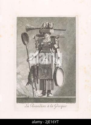 Griechisch vivandiere, La Vivandiere à la Grecque (Titel auf Objekt), Mascarade A La Grecque (Serientitel), Eine stehende Frau mit einem Körper wie eine geriffelte Säule und einem Bauch wie ein Ofen. Auf ihrem Kopf trägt sie ein Kapital mit einem Besen und einem Topf. In den Händen hält sie Kochutensilien und an einem Haken auf der Schulter hängt ein totes Kaninchen., Druckerei: Benigno Bossi, (auf Objekt erwähnt), nach Entwurf von: Ennemond Alexandre Petitot, (auf Objekt erwähnt), Guillaume du Tillot (Marquis de Felino), Parma, 1771, Papier, Radierung, Höhe 270 mm × Breite 183 mm Stockfoto
