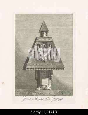 Griechischer junger Mönch, Jeune Moine a la Grecque (Titel auf Objekt), Maskarade A La Grecque (Serientitel), Eine stehende Figur mit einem Körper in einer dreieckigen geometrischen Form und Girlanden als Arme. Auf dem Kopf trägt er einen dreieckigen Kopfschmuck, Druckerei: Benigno Bossi, (auf Objekt erwähnt), nach Entwurf von: Ennemond Alexandre Petitot, (auf Objekt erwähnt), Guillaume du Tillot (Marquis de Felino), 1771, Papier, Radierung, Höhe 270 mm × Breite 183 mm Stockfoto