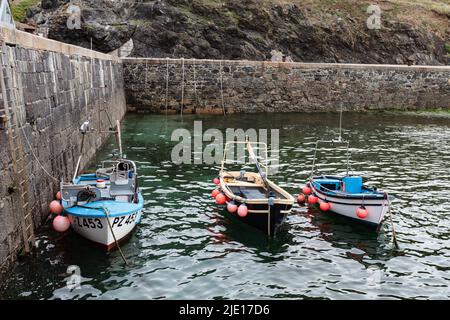 Blick auf Mullion Cove Harbor, Cornwall an einem Junimorgen Stockfoto