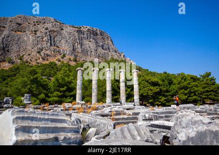 Tempel der Athene, antike Stadt Priene, Türkei, Asien. Stockfoto