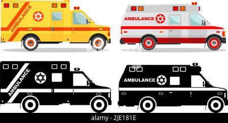 Detaillierte Darstellung von farbigen und schwarzen Silhouetten jüdischen Autoambulanzen in flachem Stil auf weißem Hintergrund. Vektorgrafik. Stock Vektor