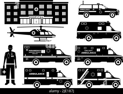 Silhouetten Illustration von Ambulanzwagen, Krankenhaus, medizinischen Menschen und Hubschrauber isoliert auf weißem Hintergrund. Stock Vektor