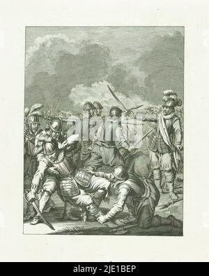 Death of Charles de Boisot, 1575, Death of Boisot / XVII. Song (Titel auf Objekt), Szenen aus dem Leben von Prinz William I., 1568-1584 (Serientitel), Kunsttafeln aus dem Epos Willem den Eersten, in vier en twintig zangen von den Nederlandschen dichter J. Nomsz. (Serientitel auf Objekt), Tod von Charles de Boisot auf dem Schlachtfeld während eines Kampfes mit Mondragon, 29. September 1575. Siebzehnte Lied., Druckerei: Theodoor Koning, nach Gestaltung von: Jacobus Buys, nach Zeichnung von: Jacobus Buys, Druckerei: Nord-Niederlande, Verlag: Amsterdam, Verlag: Amsterdam, Verlag: Amster Stockfoto
