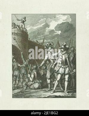 Leidenaren refuse the bread offered by the Spaniards, 1574, Misleerd Trick der Spanjaarden voor Leiden / XIII. Zingen (Titel auf Objekt), Taferelen uit het leven van prins Willem I, 1568-1584 (Serientitel), Kunstplatten gehorende tot het herdendacht Willem den Eersten, In vier en twintig zangen door den Nederlandschen dichter J. Nomsz. (Serientitel auf Objekt), De bele bele beleggde Leidenaren weigeren het door de Spanjaarden aangeboden Brood, 1574. Dreizehntes Lied., Druckerei: Theodoor Koning, nach Gestaltung von: Jacobus Buys, nach Zeichnung von: Jacobus Buys, Druckerei: Nord-Niederlande, Stockfoto