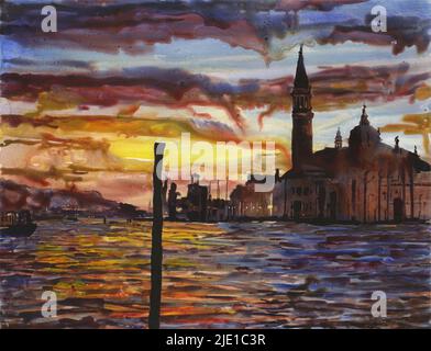 Venedig, Italien Sonnenuntergang Malerei. Aquarell Venedig Kirche Canale Grande Kunstwerk Skyline von Venedig (Print) Stockfoto