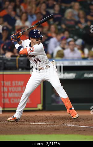 Houston Astros Shortstop Mauricio Duvon (14) klatzte im fünften Inning des MLB-Spiels zwischen den Houston Astros und dem New York Met Stockfoto