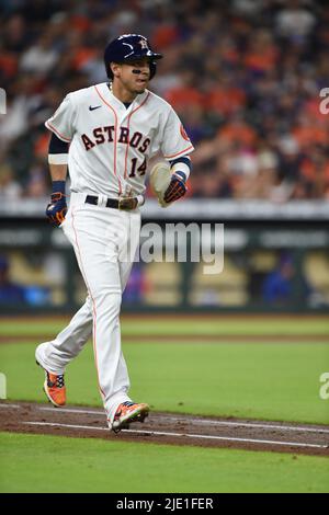 Houston Astros Shortstop Mauricio Duvon (14) zieht einen Spaziergang im unteren Teil des fünften Innings des MLB-Spiels zwischen den Houston Astros und dem New Yor Stockfoto