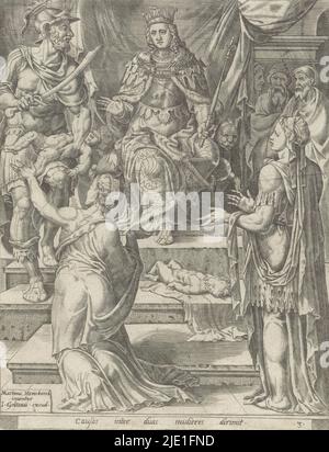Judging of Solomon, Story of Solomon (Serientitel), zwei Frauen behaupten beide, die Mutter eines noch lebenden Babys zu sein und bitten Salomo um sein Urteil. Salomo sitzt auf seinem Thron. Vor ihm die beiden Mütter. Der Soldat neben ihm ist dabei, das Baby zu halbieren, woraufhin die linke Mutter aus Protest mit erhobenen Armen kniet. Das andere, verstorbene Baby liegt auf den Stufen vor dem Thron. Unten im Rand eine einzeilige lateinische Beschriftung., Druckerei: Anonym, Druckerei: Pieter van der Heyden, (zugeschrieben), nach Entwurf von: Maarten van Heemskerck, (auf Objekt erwähnt), Druckerei: Stockfoto
