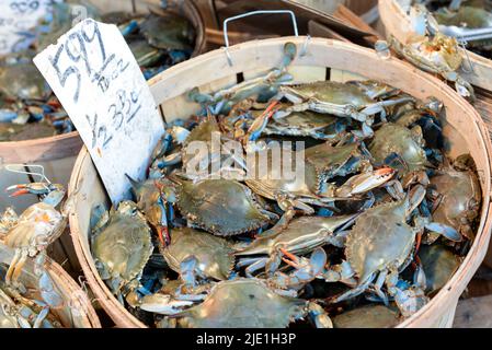 Lebende Krabben, die auf einem Straßenmarkt in Chinatown, Manhattan, New York, USA verkauft werden Stockfoto