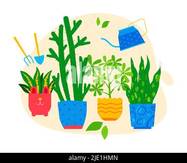 Die Pflege von Blumen in Töpfen - flache Design-Stil Illustration Stock Vektor