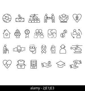 Vektor-dünne Linien-Symbole im Zusammenhang mit humanitären Zwecken - Freiwilligenarbeit, Adoption, Spenden, Wohltätigkeitsorganisationen, gemeinnützige Organisationen. Stock Vektor