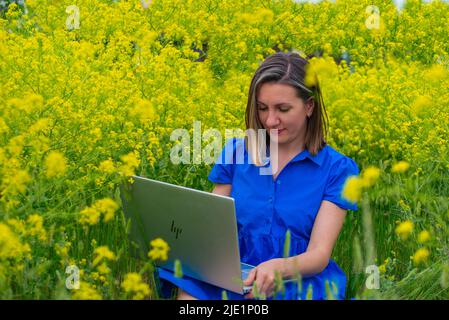 Auf einem Laptop arbeitet ein Mädchen in gelben Blumen in einem blauen Kleid Stockfoto