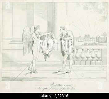 Geflügelte Figur überreicht Napoleon einen Mantel, (...)Rispettoso e grato accoglie il duce il patrio don, (...) (Titel auf Objekt), Illustrationen zum Gedicht Pronea von Melchiore Cesarotti, eine Entschuldigung für Napoleon Bonaparte (Serientitel), La pronea del Cesarotti delineata ed incisa dal Matteini (Serientitel), darunter die Darstellung eines Verses in italienischer Sprache. Print ist Teil eines Albums., Druckerei: Teodoro Matteini, Verlag: Anonym, Druckerei: Italien, Verlag: Milaan, 1808, Papier, Radierung, Höhe 332 mm × Breite 382 mm Stockfoto