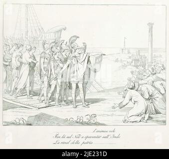 Napoleon und seine Armee marschiert in Ägypten ein, (...) L'animoso volo fin là sul Nilo a spaventar sull' Indo la Rival della patria(...) (Titel auf Objekt), Illustrationen zum Gedicht Pronea von Melchiore Cesarotti, eine Entschuldigung für Napoleon Bonaparte (Serientitel), La pronea del Cesarotti delineata ed incisa dal Matteini (Serientitel), darunter die Darstellung eines Verses in italienischer Sprache. Print ist Teil eines Albums., Druckerei: Teodoro Matteini, Verlag: Anonym, Druckerei: Italien, Verlag: Milaan, 1808, Papier, Radierung, Höhe 332 mm × Breite 382 mm Stockfoto