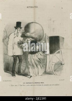 Le Charivari, Actualités, 1850, Nr. 34 : Les Chapeaux à la Nouvelle Mod (...), Spott über den großen Baldachin, der die Sicht einschränkt und für den Wagenraum zu sperrig ist., Druckerei: Anonymous, Druckerei: Aubert & Cie., (auf Objekt erwähnt), Verlag: Aubert & Cie., (erwähnt auf Objekt), Paris, c. 1850, Papier, Höhe 374 mm × Breite 248 mm Stockfoto