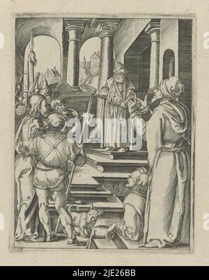 Christus vor Pilatus, die kleine Passion (Serientitel), Passio Christi ab Alberto Durer Nurenburgensi Effigiata (Serientitel), Christus wird von bewaffneten Männern vor Pilatus geführt. Der Druck ist Teil eines Albums., Druckerei: Anonym, nach Druck von: Albrecht Dürer, (auf Objekt erwähnt), Verlag: Broer Jansz. (Den Haag), 1610 - 1620, Papier, Gravur, Höhe 130 mm × Breite 99 mm Stockfoto