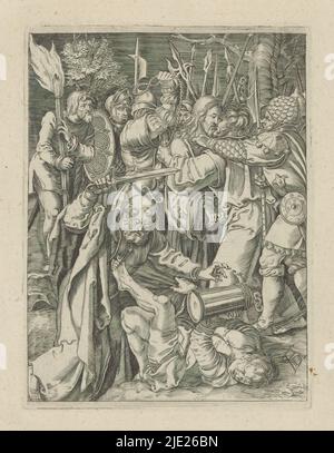 Capture of Christ, The Little Passion (Serientitel), Passio Christi ab Alberto Durer Nurenburgensi Effigiata (Serientitel), Christus wird von Soldaten im Garten Gethsemane gefangen genommen. Judas küsst ihn auf die Wange. Im Vordergrund schneidet Peter Malchus ein Ohr ab. Der Druck ist Teil eines Albums., Druckerei: Anonym, nach Druck von: Albrecht Dürer, (auf Objekt erwähnt), Verlag: Broer Jansz. (Den Haag), Den Haag, 1610 - 1620, Papier, Gravur, Höhe 130 mm × Breite 99 mm Stockfoto