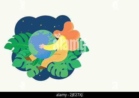 Frau umarmt den Erdball. Konzept der Ökologie, Schutz der Natur und Umwelt.Happy Earth Day oder Welt Umwelt Tag Feier. Stock Vektor