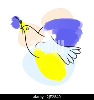 Taube, Vogel des Friedens, ukrainische Symbolik, Ukraine, Landesflagge, Blaue und gelbe Aquarellfarbe, Zeichnung im Doodle-Stil Stock Vektor