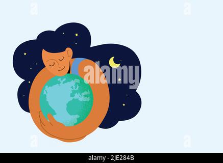 Vektor-Illustration „Happy Earth Day“ oder „World Environment Day“. Konzept der Ökologie, Schutz von Umwelt und Natur. Frau umarmt den Globus Erde. Stock Vektor