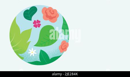 Vektorgrafik Happy Earth Day oder World Environment Day Celebration. Konzept der Ökologie, Umweltschutz. Globus mit Blättern Kontinente. Stock Vektor