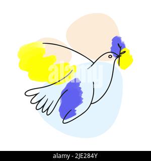 Taube, Vogel des Friedens, ukrainische Symbolik, Ukraine, Landesflagge, Blaue und gelbe Aquarellfarbe, Zeichnung im Doodle-Stil Stock Vektor