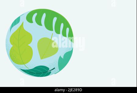Vektor-Illustration „Happy Earth Day“ oder „World Environment Day“. Konzept der Ökologie, Umweltschutz. Globus mit grünen Kontinenten mit Blättern. Stock Vektor