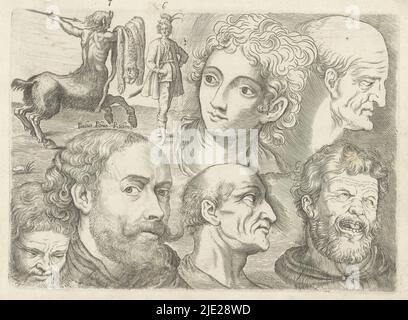 Studienblatt mit Zeichnungsbeispielen: centaur, stehende Figur und Köpfe, Zeichnungsbeispielen (Serientitel), Siebter Druck aus einer Serie von Zeichnungsbeispielen unbekannter Größe. Studienblatt mit links oben einem Zentaur mit Speer und Löwenhaut. Daneben eine stehende Figur. Weitere männliche Köpfe, darunter links das Porträt von Peter Paul Rubens., Druckerei: Michael Snijders, Verlag: Michael Snijders, Antwerpen, 1610 - 1672, Papier, Gravur, Höhe 165 mm × Breite 230 mm Stockfoto