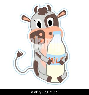 Aufkleber einer niedlichen Kuh mit einer Flasche Milch. Cartoon flache Vektorgrafik. Milchtag. Design oder Aufkleber Stock Vektor