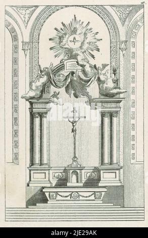 Altar mit Kreuz, Altäre (Serientitel), VI Cahier des Menuisiers (Serientitel), Entwurf für einen Altar im Inneren. Treppen führen zum Altar, auf dem sich ein Kruzifix befindet. Darüber vier schwebende Engel. Gekrönt von einer Taube im Halo mit drei Engelsköpfen., Druckerei: Johann Thomas Hauer, Keizerlijk hof, Augsburg, 1758 - 1820, Papier, Radierung, Gravur, Höhe 225 mm × Breite 161 mm Stockfoto