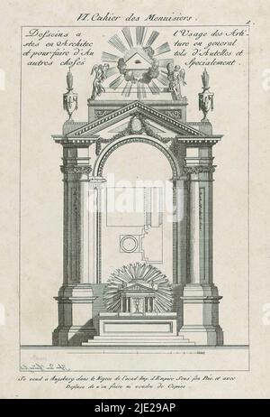 Altar mit allsehenden Augen, Altäre (Serientitel), VI Cahier des Menuisiers (Serientitel auf Objekt), Entwurf für einen Altar, der von zwei Engeln, zwei Vasen und darüber in einem Dreieck mit Halo dem allsehenden Auge überragt ist. Über einem vierzeiligen französischen Text., Druckerei: Johann Thomas Hauer, (erwähnt auf Objekt), Keizerlijk hof, (erwähnt auf Objekt), Augsburg, 1758 - 1820, Papier, Radierung, Gravur, Höhe 233 mm × Breite 161 mm Stockfoto