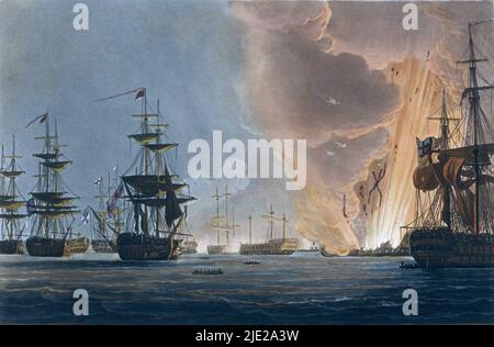 Das französische Flaggschiff L'Orient explodiert in der Schlacht am Nil, Augt 1. 1798 gemalt von Thomas Whitcombe Stockfoto