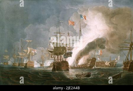 Das französische Flaggschiff L'Orient in Flammen, und dahinter steht das entmastete Bellerophon bei der Nil-Schlacht von Thomas Whitcombe. Stockfoto