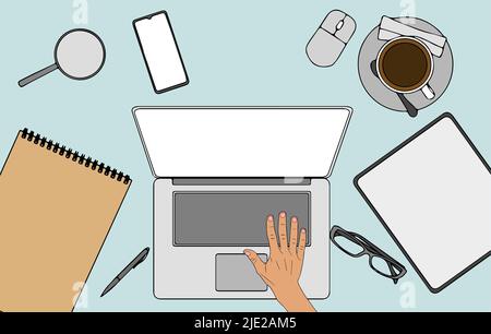 Computer-Laptop mit leerem leeren Bildschirm zum Kopieren von Text auf dem Schreibtisch oder am Arbeitsplatz Stock Vektor